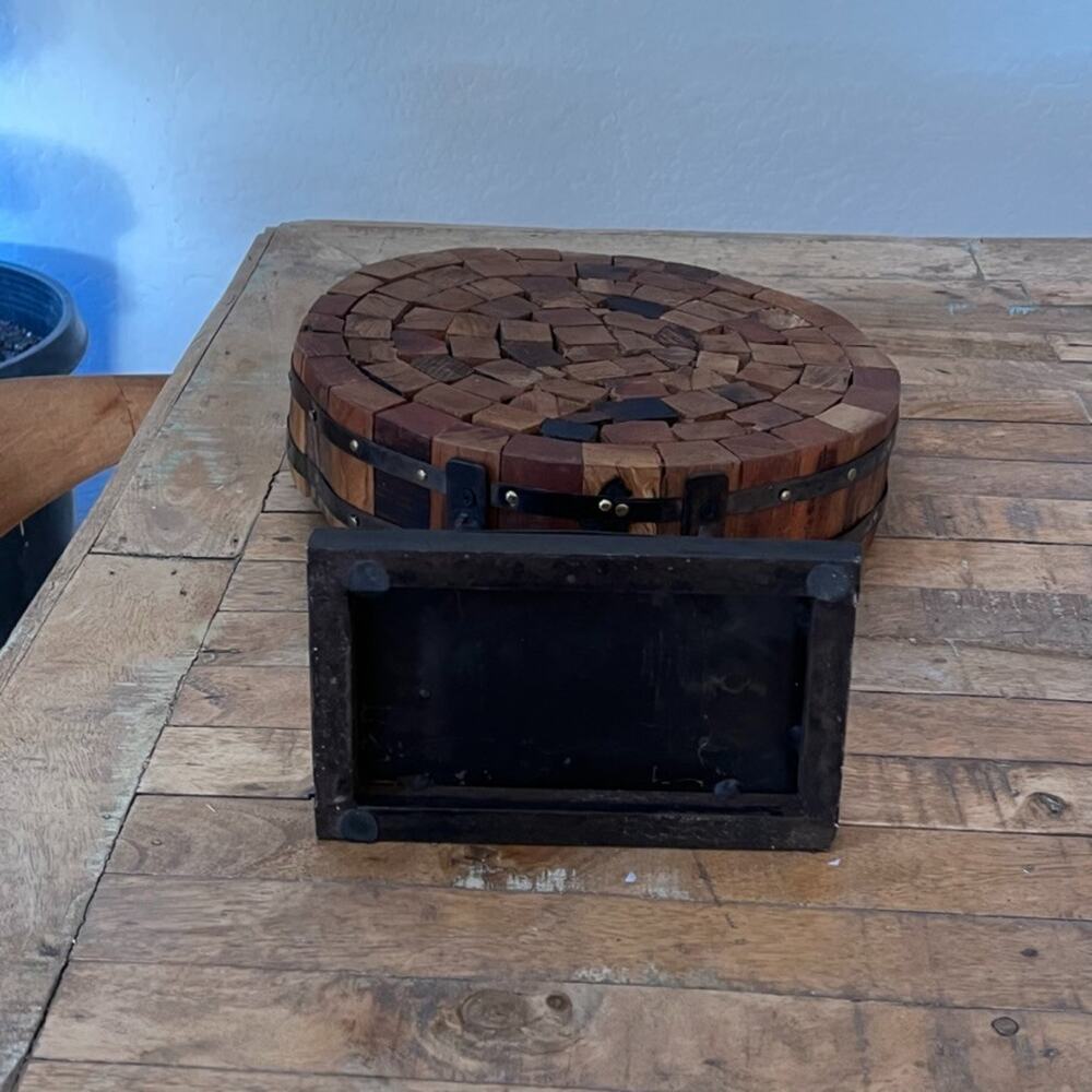 Individual Mosaic Wooden Blocks Wheel Sculpture On Base Stand 18" Tall - Picture 7 of 8